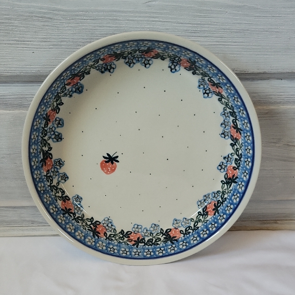 Polish Pottery Floral Blue and Cream Ceramic Bowl With Strawberries - Picture 2 of 13